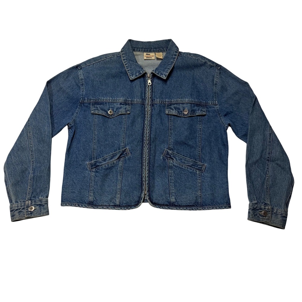 Crossroads Jean Jacket Vintage Blue Denim Zip Up Cotton Trucker Womens Large 90s